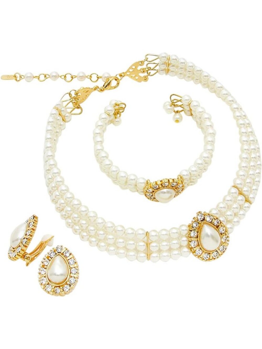 Elegant Teardrop Pearl Jewelry Set - Choker Necklace, Cuff Bracelet & Earrings